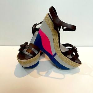 Sergio Rossi dkbrn/mult clr wedge platform sandal